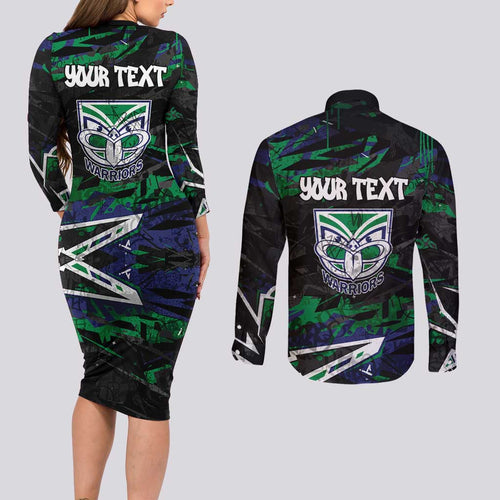 Personalized New Zealand Warriors Couples Matching Long Sleeve Bodycon Dress and Long Sleeve Button Shirt Graffiti Grunge Abstract Urban Street Style Design