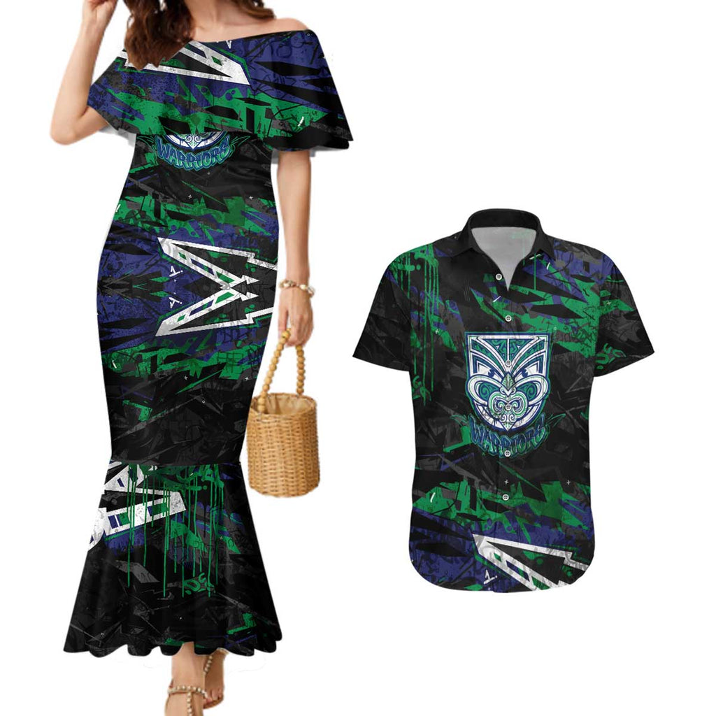 Personalized New Zealand Warriors Couples Matching Mermaid Dress and Hawaiian Shirt Graffiti Grunge Abstract Urban Street Style Design