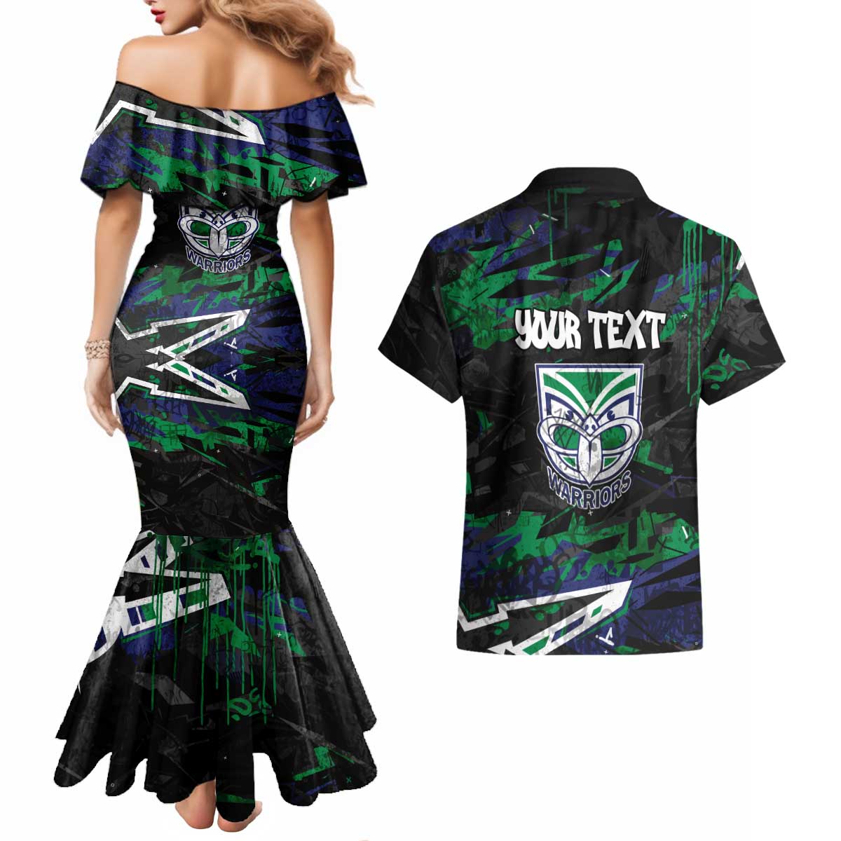 Personalized New Zealand Warriors Couples Matching Mermaid Dress and Hawaiian Shirt Graffiti Grunge Abstract Urban Street Style Design