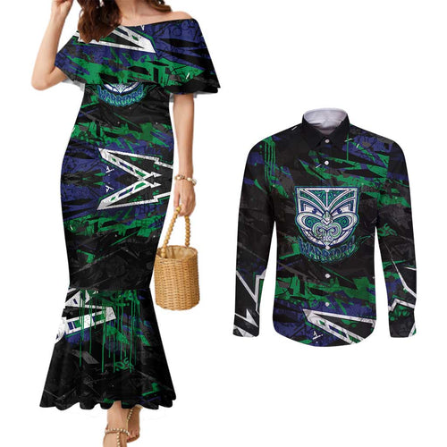 Personalized New Zealand Warriors Couples Matching Mermaid Dress and Long Sleeve Button Shirt Graffiti Grunge Abstract Urban Street Style Design