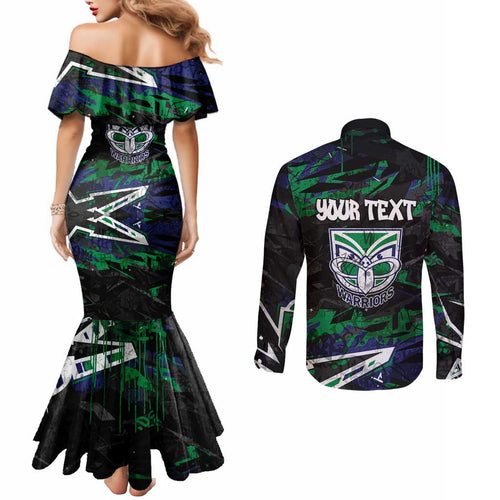 Personalized New Zealand Warriors Couples Matching Mermaid Dress and Long Sleeve Button Shirt Graffiti Grunge Abstract Urban Street Style Design