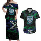 Personalized New Zealand Warriors Couples Matching Off Shoulder Maxi Dress and Hawaiian Shirt Graffiti Grunge Abstract Urban Street Style Design