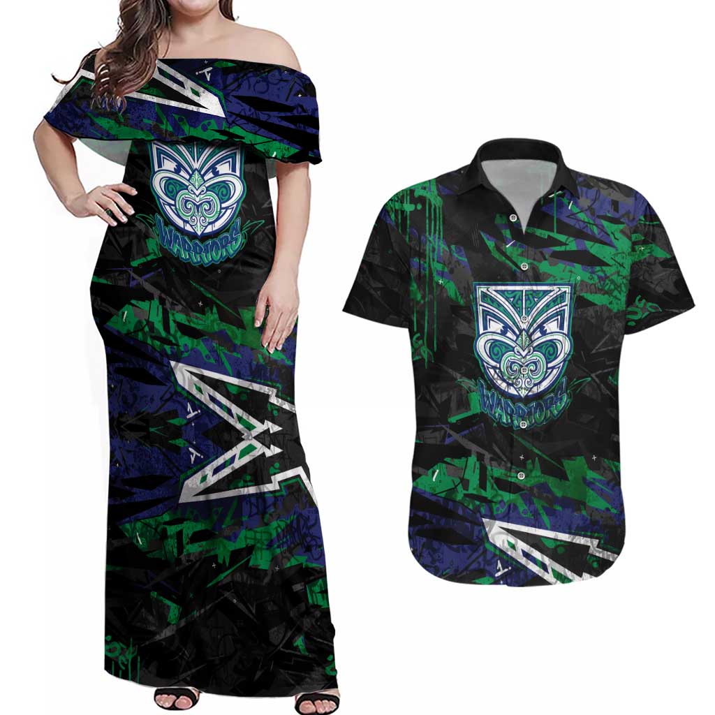 Personalized New Zealand Warriors Couples Matching Off Shoulder Maxi Dress and Hawaiian Shirt Graffiti Grunge Abstract Urban Street Style Design