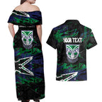 Personalized New Zealand Warriors Couples Matching Off Shoulder Maxi Dress and Hawaiian Shirt Graffiti Grunge Abstract Urban Street Style Design