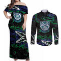 Personalized New Zealand Warriors Couples Matching Off Shoulder Maxi Dress and Long Sleeve Button Shirt Graffiti Grunge Abstract Urban Street Style Design