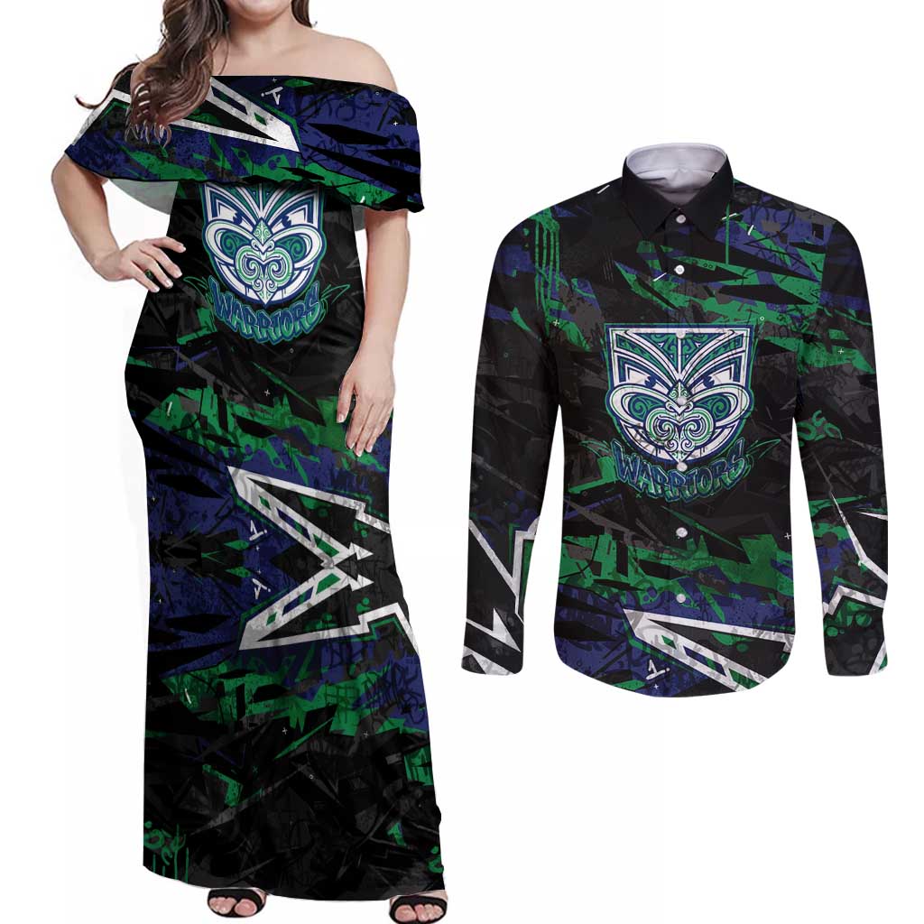 Personalized New Zealand Warriors Couples Matching Off Shoulder Maxi Dress and Long Sleeve Button Shirt Graffiti Grunge Abstract Urban Street Style Design