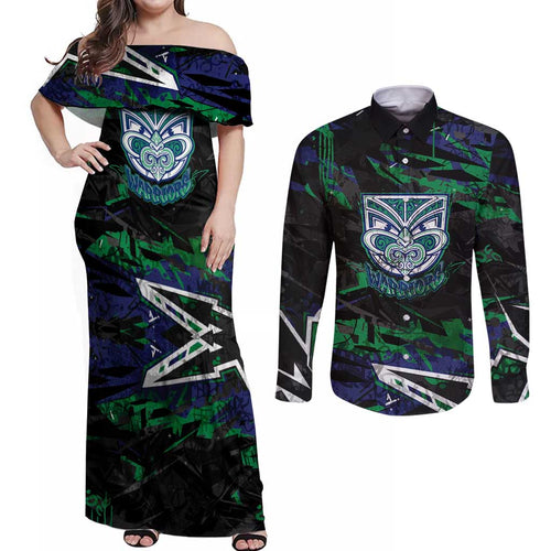 Personalized New Zealand Warriors Couples Matching Off Shoulder Maxi Dress and Long Sleeve Button Shirt Graffiti Grunge Abstract Urban Street Style Design