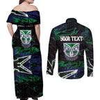 Personalized New Zealand Warriors Couples Matching Off Shoulder Maxi Dress and Long Sleeve Button Shirt Graffiti Grunge Abstract Urban Street Style Design