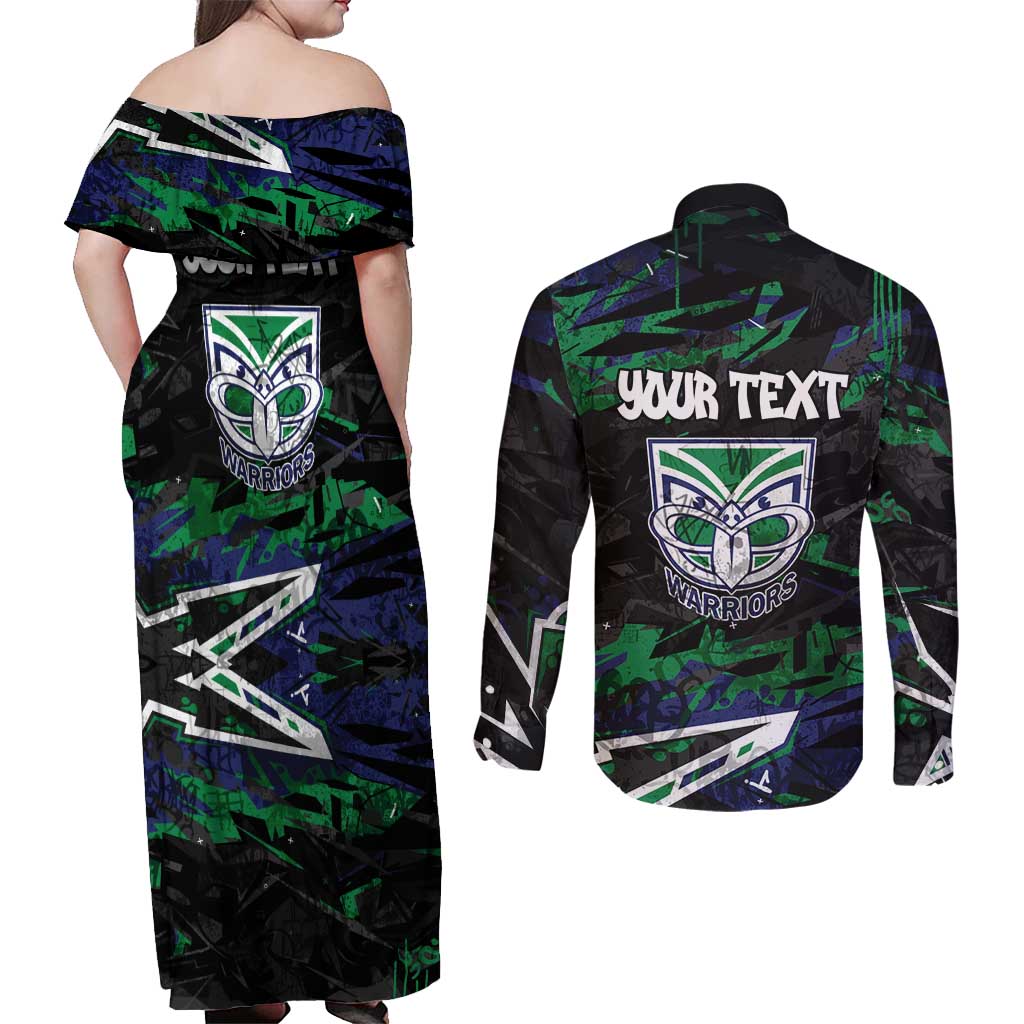 Personalized New Zealand Warriors Couples Matching Off Shoulder Maxi Dress and Long Sleeve Button Shirt Graffiti Grunge Abstract Urban Street Style Design