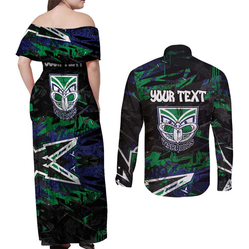 Personalized New Zealand Warriors Couples Matching Off Shoulder Maxi Dress and Long Sleeve Button Shirt Graffiti Grunge Abstract Urban Street Style Design
