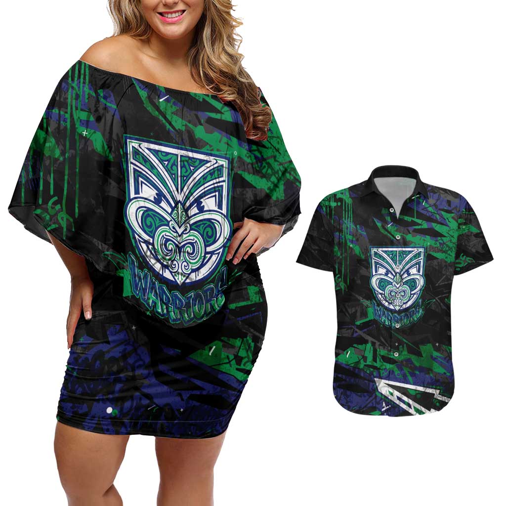 Personalized New Zealand Warriors Couples Matching Off Shoulder Short Dress and Hawaiian Shirt Graffiti Grunge Abstract Urban Street Style Design