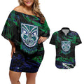 Personalized New Zealand Warriors Couples Matching Off Shoulder Short Dress and Hawaiian Shirt Graffiti Grunge Abstract Urban Street Style Design