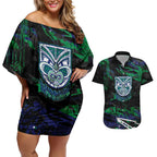 Personalized New Zealand Warriors Couples Matching Off Shoulder Short Dress and Hawaiian Shirt Graffiti Grunge Abstract Urban Street Style Design