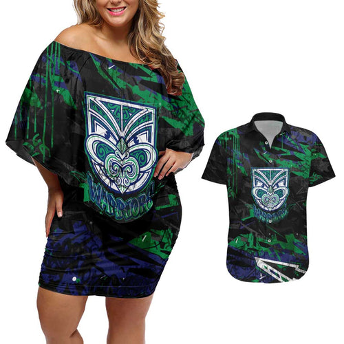 Personalized New Zealand Warriors Couples Matching Off Shoulder Short Dress and Hawaiian Shirt Graffiti Grunge Abstract Urban Street Style Design