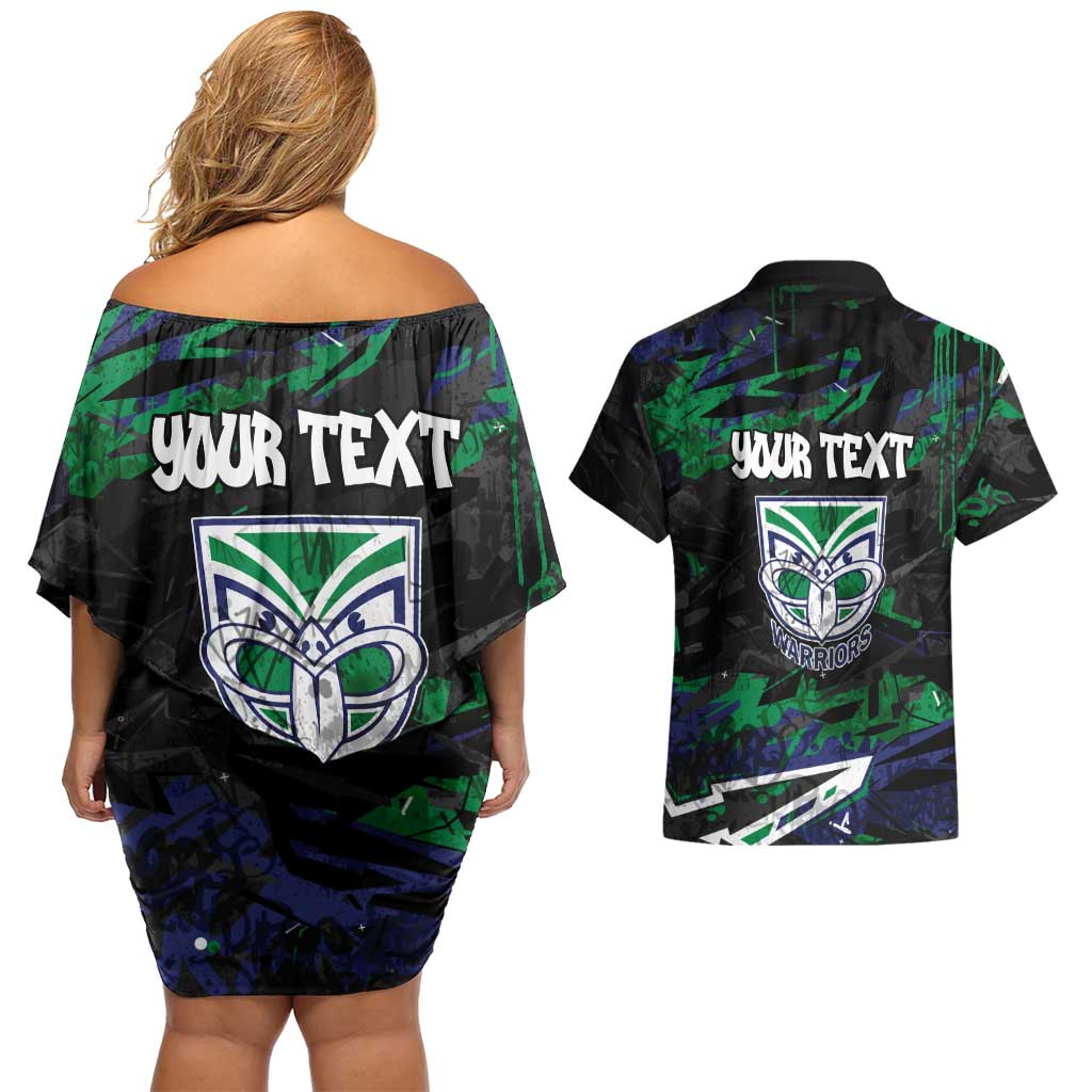 Personalized New Zealand Warriors Couples Matching Off Shoulder Short Dress and Hawaiian Shirt Graffiti Grunge Abstract Urban Street Style Design