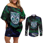 Personalized New Zealand Warriors Couples Matching Off Shoulder Short Dress and Long Sleeve Button Shirt Graffiti Grunge Abstract Urban Street Style Design