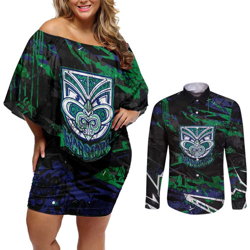 Personalized New Zealand Warriors Couples Matching Off Shoulder Short Dress and Long Sleeve Button Shirt Graffiti Grunge Abstract Urban Street Style Design