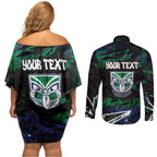 Personalized New Zealand Warriors Couples Matching Off Shoulder Short Dress and Long Sleeve Button Shirt Graffiti Grunge Abstract Urban Street Style Design