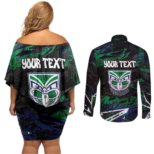 Personalized New Zealand Warriors Couples Matching Off Shoulder Short Dress and Long Sleeve Button Shirt Graffiti Grunge Abstract Urban Street Style Design