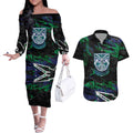 Personalized New Zealand Warriors Couples Matching Off The Shoulder Long Sleeve Dress and Hawaiian Shirt Graffiti Grunge Abstract Urban Street Style Design