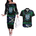 Personalized New Zealand Warriors Couples Matching Off The Shoulder Long Sleeve Dress and Hawaiian Shirt Graffiti Grunge Abstract Urban Street Style Design
