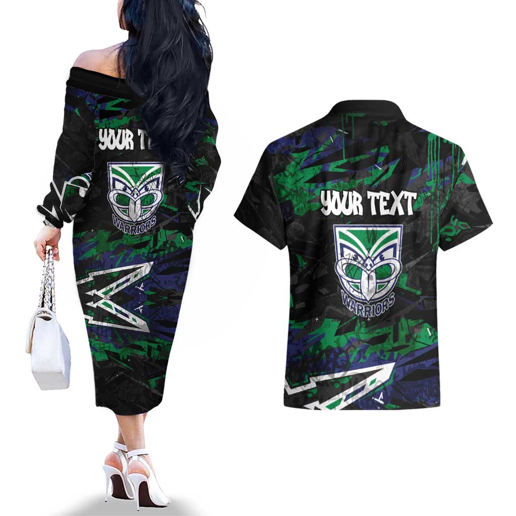 Personalized New Zealand Warriors Couples Matching Off The Shoulder Long Sleeve Dress and Hawaiian Shirt Graffiti Grunge Abstract Urban Street Style Design