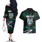 Personalized New Zealand Warriors Couples Matching Off The Shoulder Long Sleeve Dress and Hawaiian Shirt Graffiti Grunge Abstract Urban Street Style Design