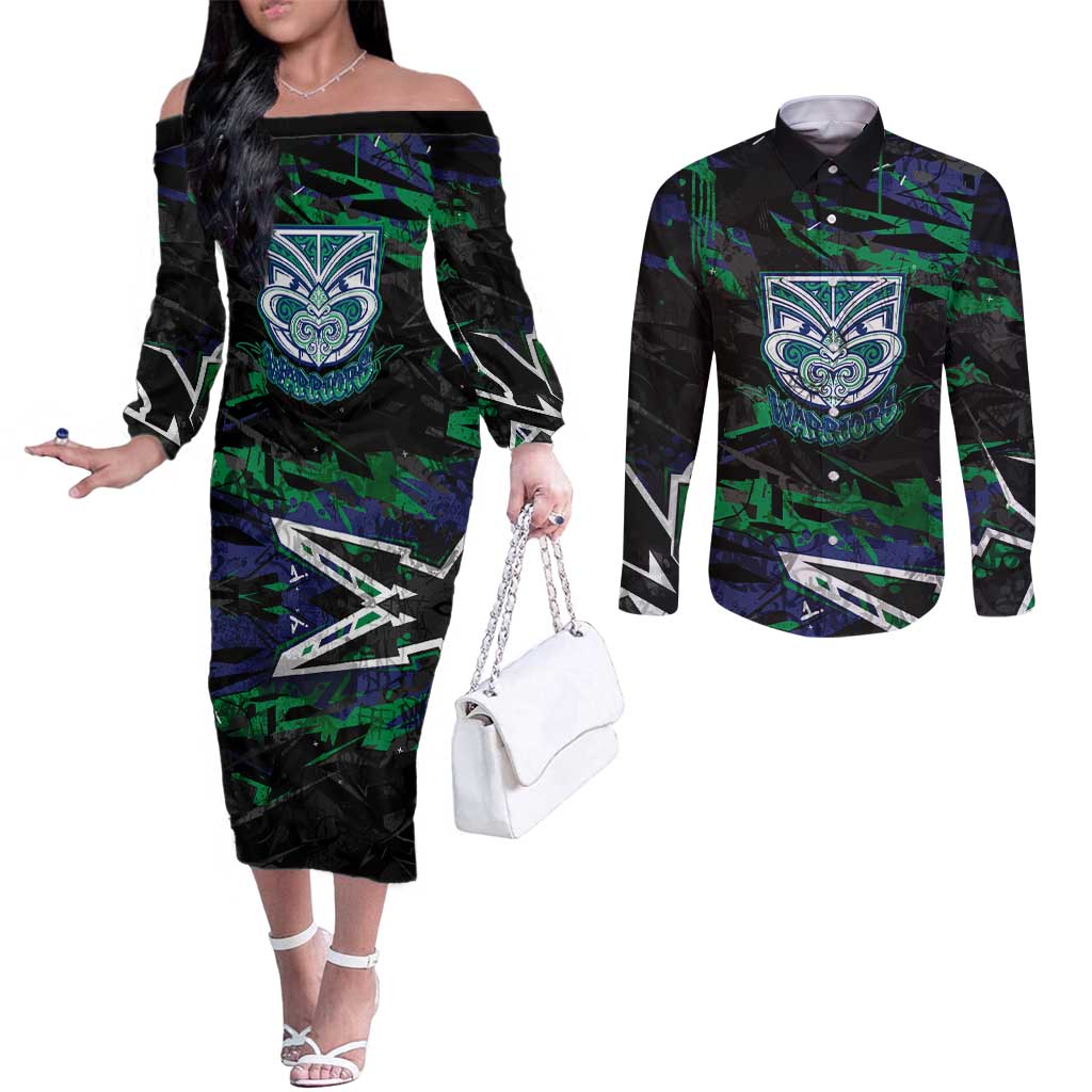 Personalized New Zealand Warriors Couples Matching Off The Shoulder Long Sleeve Dress and Long Sleeve Button Shirt Graffiti Grunge Abstract Urban Street Style Design