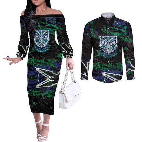 Personalized New Zealand Warriors Couples Matching Off The Shoulder Long Sleeve Dress and Long Sleeve Button Shirt Graffiti Grunge Abstract Urban Street Style Design