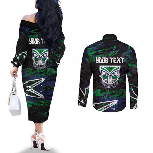Personalized New Zealand Warriors Couples Matching Off The Shoulder Long Sleeve Dress and Long Sleeve Button Shirt Graffiti Grunge Abstract Urban Street Style Design