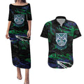 Personalized New Zealand Warriors Couples Matching Puletasi and Hawaiian Shirt Graffiti Grunge Abstract Urban Street Style Design