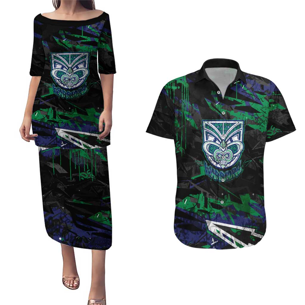 Personalized New Zealand Warriors Couples Matching Puletasi and Hawaiian Shirt Graffiti Grunge Abstract Urban Street Style Design
