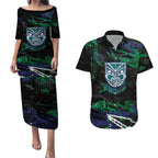 Personalized New Zealand Warriors Couples Matching Puletasi and Hawaiian Shirt Graffiti Grunge Abstract Urban Street Style Design