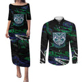 Personalized New Zealand Warriors Couples Matching Puletasi and Long Sleeve Button Shirt Graffiti Grunge Abstract Urban Street Style Design