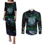 Personalized New Zealand Warriors Couples Matching Puletasi and Long Sleeve Button Shirt Graffiti Grunge Abstract Urban Street Style Design