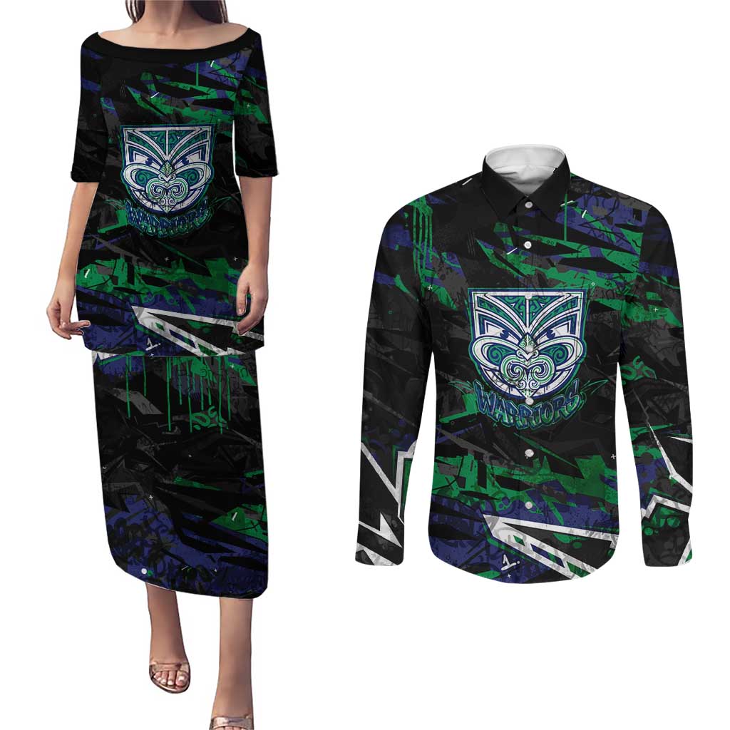 Personalized New Zealand Warriors Couples Matching Puletasi and Long Sleeve Button Shirt Graffiti Grunge Abstract Urban Street Style Design