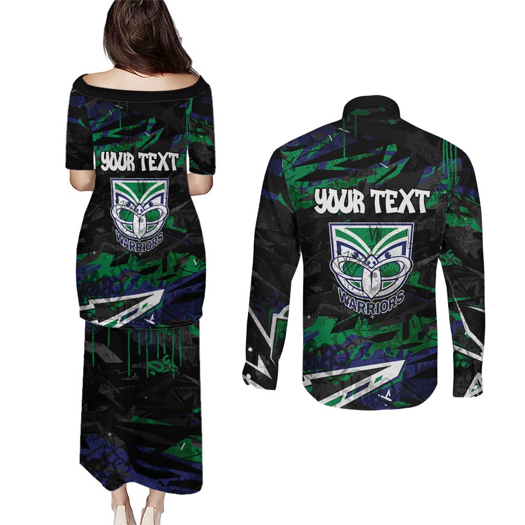 Personalized New Zealand Warriors Couples Matching Puletasi and Long Sleeve Button Shirt Graffiti Grunge Abstract Urban Street Style Design