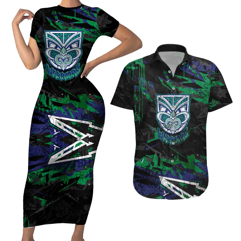 Personalized New Zealand Warriors Couples Matching Short Sleeve Bodycon Dress and Hawaiian Shirt Graffiti Grunge Abstract Urban Street Style Design