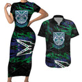 Personalized New Zealand Warriors Couples Matching Short Sleeve Bodycon Dress and Hawaiian Shirt Graffiti Grunge Abstract Urban Street Style Design