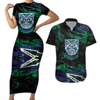 Personalized New Zealand Warriors Couples Matching Short Sleeve Bodycon Dress and Hawaiian Shirt Graffiti Grunge Abstract Urban Street Style Design