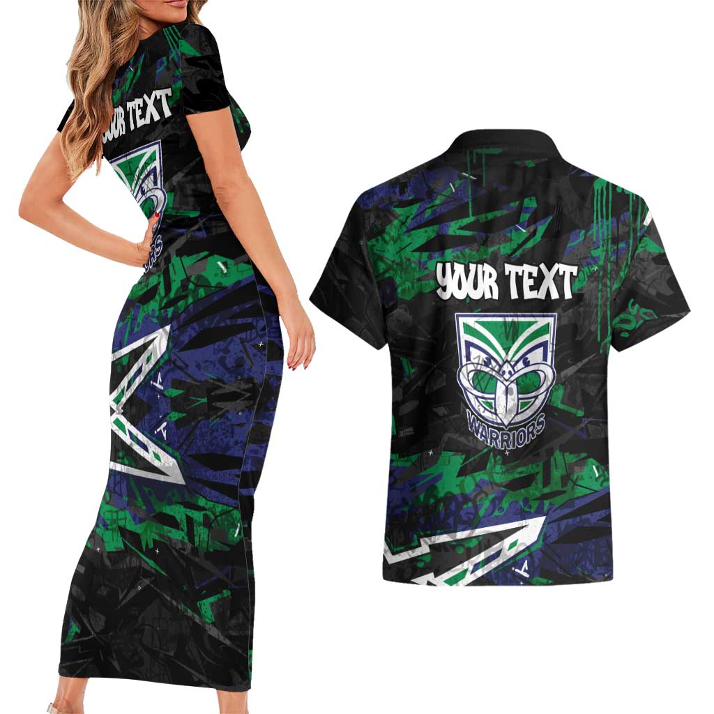 Personalized New Zealand Warriors Couples Matching Short Sleeve Bodycon Dress and Hawaiian Shirt Graffiti Grunge Abstract Urban Street Style Design