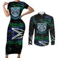 Personalized New Zealand Warriors Couples Matching Short Sleeve Bodycon Dress and Long Sleeve Button Shirt Graffiti Grunge Abstract Urban Street Style Design