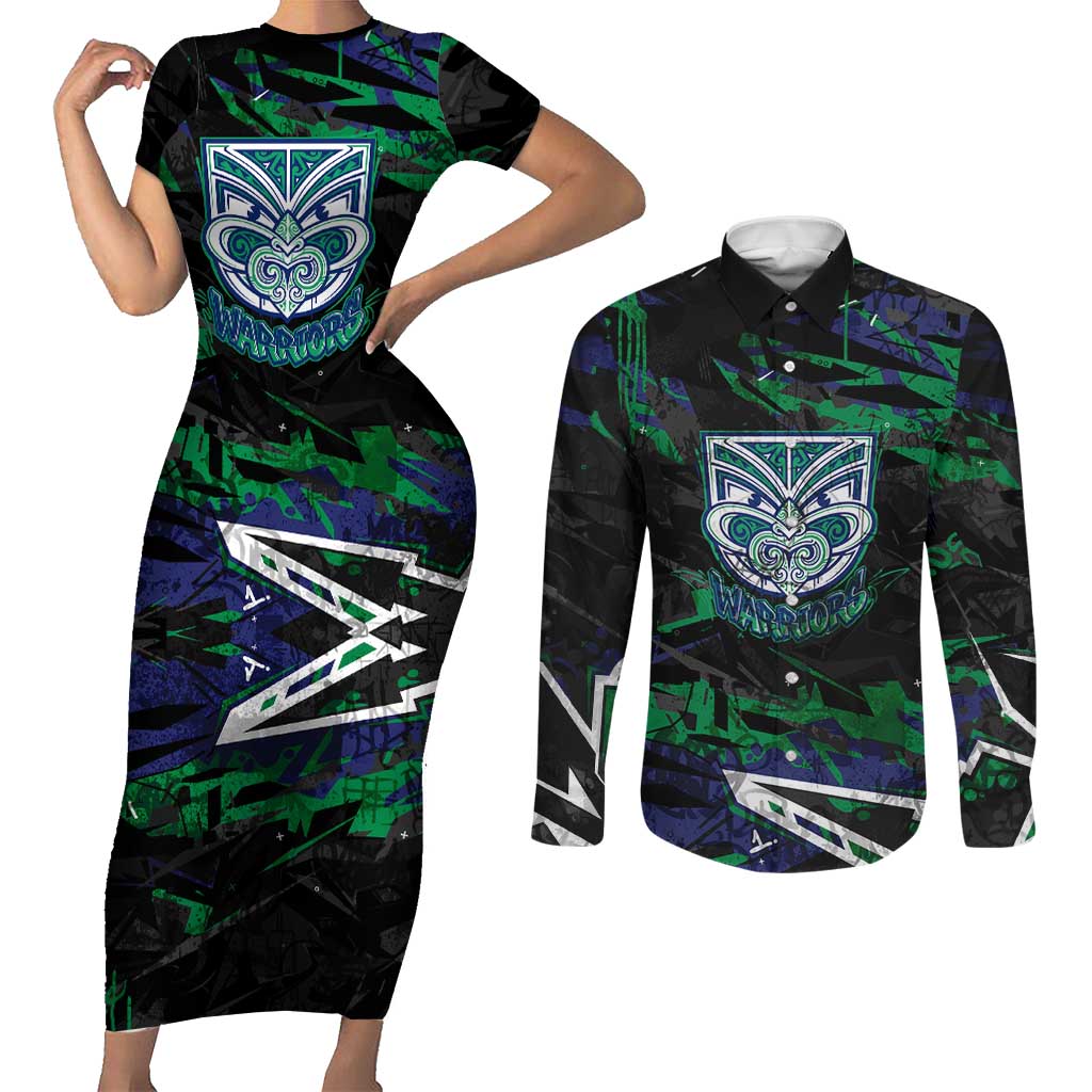 Personalized New Zealand Warriors Couples Matching Short Sleeve Bodycon Dress and Long Sleeve Button Shirt Graffiti Grunge Abstract Urban Street Style Design