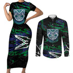 Personalized New Zealand Warriors Couples Matching Short Sleeve Bodycon Dress and Long Sleeve Button Shirt Graffiti Grunge Abstract Urban Street Style Design