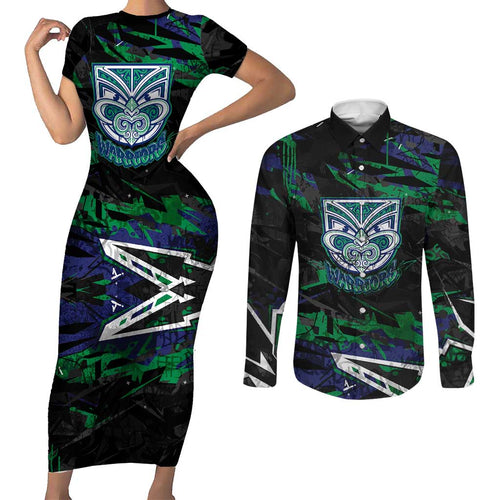 Personalized New Zealand Warriors Couples Matching Short Sleeve Bodycon Dress and Long Sleeve Button Shirt Graffiti Grunge Abstract Urban Street Style Design