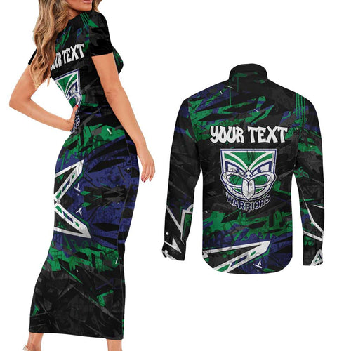 Personalized New Zealand Warriors Couples Matching Short Sleeve Bodycon Dress and Long Sleeve Button Shirt Graffiti Grunge Abstract Urban Street Style Design