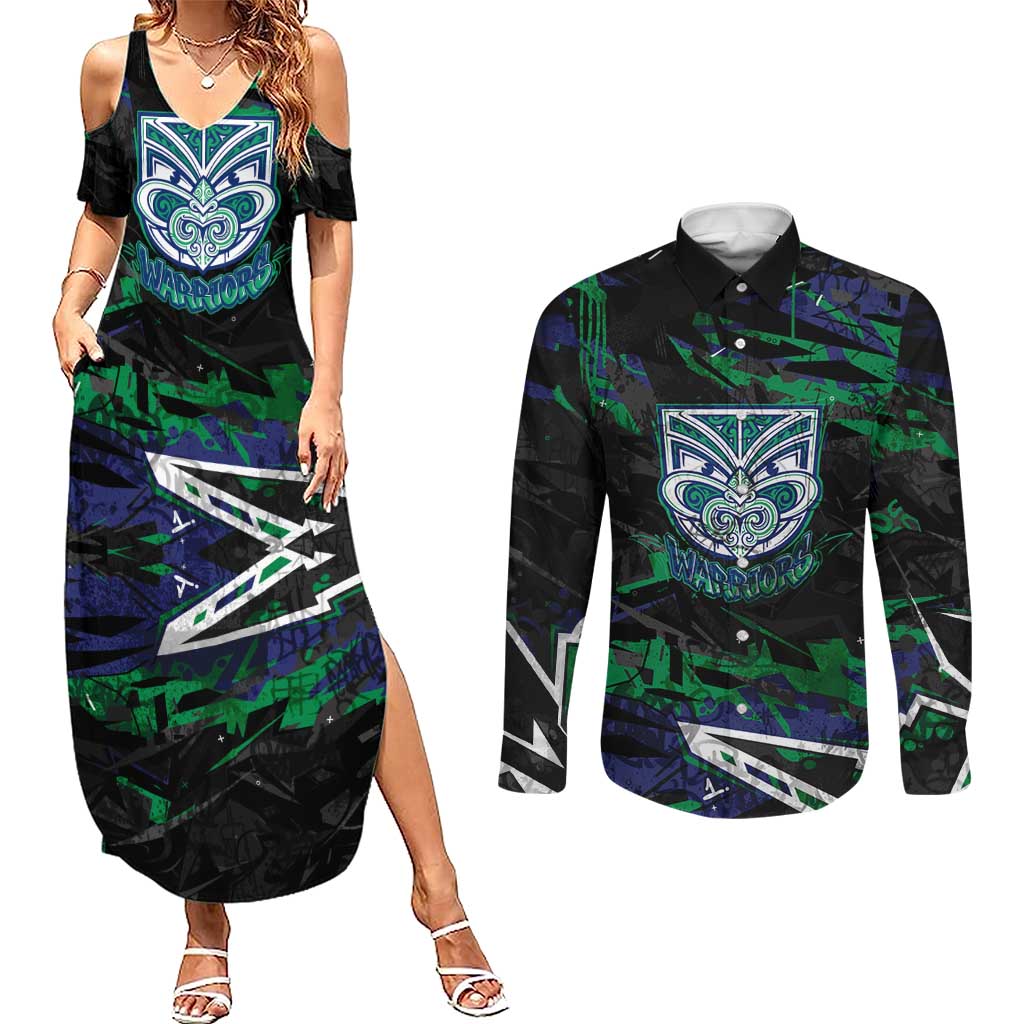 Personalized New Zealand Warriors Couples Matching Summer Maxi Dress and Long Sleeve Button Shirt Graffiti Grunge Abstract Urban Street Style Design