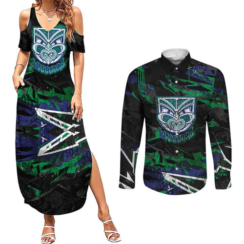 Personalized New Zealand Warriors Couples Matching Summer Maxi Dress and Long Sleeve Button Shirt Graffiti Grunge Abstract Urban Street Style Design
