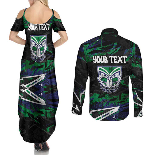 Personalized New Zealand Warriors Couples Matching Summer Maxi Dress and Long Sleeve Button Shirt Graffiti Grunge Abstract Urban Street Style Design