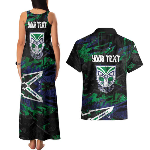 Personalized New Zealand Warriors Couples Matching Tank Maxi Dress and Hawaiian Shirt Graffiti Grunge Abstract Urban Street Style Design